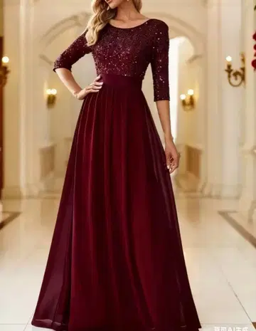 미착용 새상품 스팽글 7부 소매 맥시 드레스 와인 레드