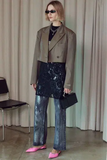 Prank Project 실버 페인트 가공 와이드 레그 데님