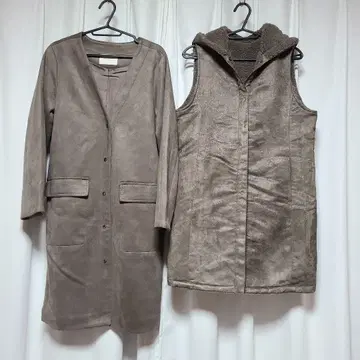 스웨이드 느낌 롱 코트 (후드 부착 베스트와 세트) 9AR 브라운 계열