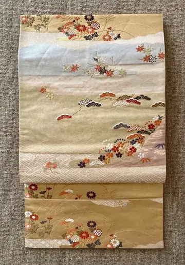 새상품급 후쿠로 오비 소나무, 벚꽃, 국화, 단풍 무늬 순수 실크