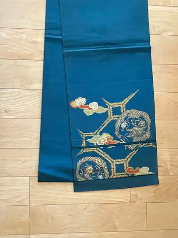 오비 (후쿠로 오비) 파란색 바탕 용과 구름