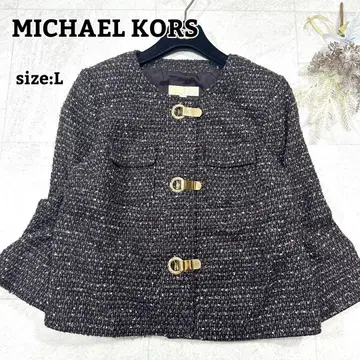 [마이클코어스] 노카라 자켓 트위드 골드 금장 장식 브라운 L