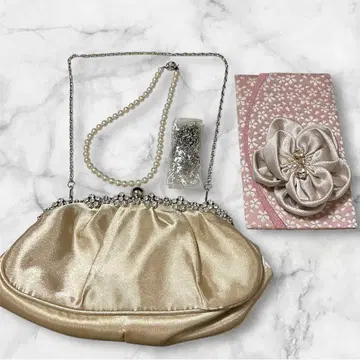 결혼식 파티 백 펄 목걸이 코사지 복주머니 4점 세트