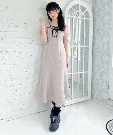 배색 리본 레이스 머메이드 원피스 핑크