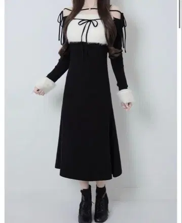 루미뇽 Ribbon bust fluffy long op 블랙