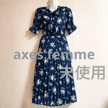 미사용! axes femme 장미 패턴 플리츠 원피스 네이비 프릴 옷깃