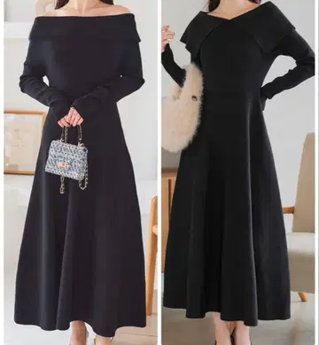 오프숄더 니트 원피스 핏앤플레어 긴팔 원피스 멀티way 블랙