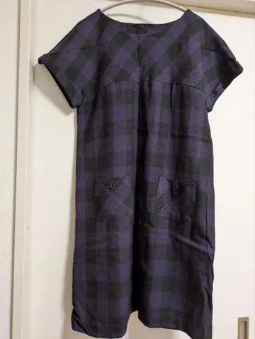 테치치 보라색 체크 무늬 반팔 원피스