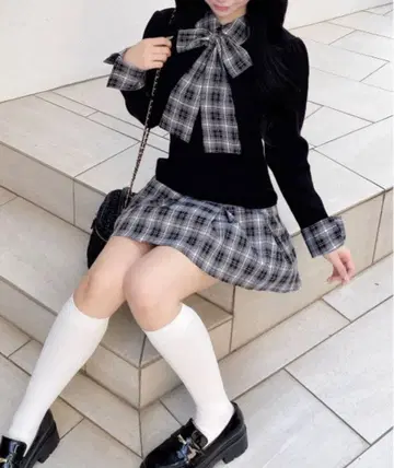 INGNI 체크 무늬 보타이 셔츠 도킹 니트 원피스 블랙