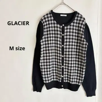 GLACIER 그라시아 가디건 M 체크 무늬 블랙 펄 버튼