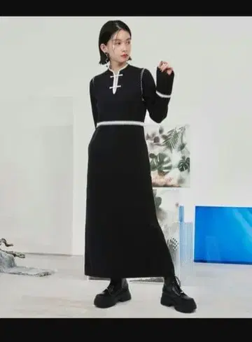 HARE 차이나 버튼 니트 원피스 블랙 중화 하레