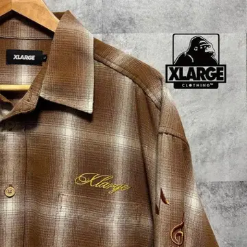 XLARGE 엑스라지 오픈 카라 체크 셔츠 L 자수 로고 브라운