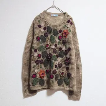 b 쇼와 레트로 빈티지 시스루 짜임 꽃 모티브 입체 니트 스웨터