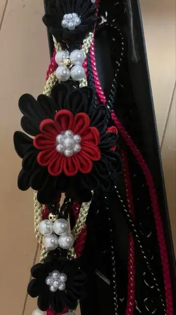 츠마미자이쿠 순수 실크 허리띠 펄 츠마미자이쿠 빨간색 블랙