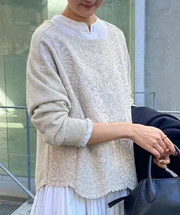 비어즐리 프론트 자수 니트 베이지 BEARDSLEY