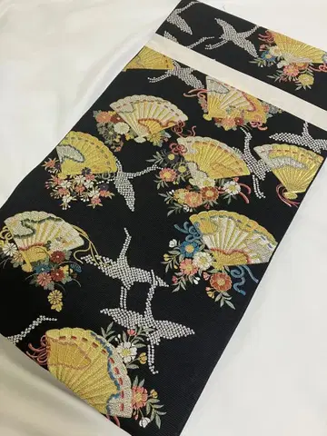 순수 실크 후쿠로 오비 화려한 장식 부채 부채와 꽃 자수 블랙 육통 패턴