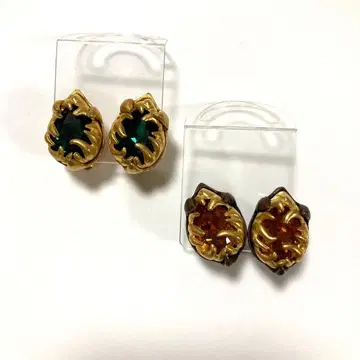 골드와 그린 크리스탈 꽃 모티브 귀걸이 2쌍 세트 프랑스제