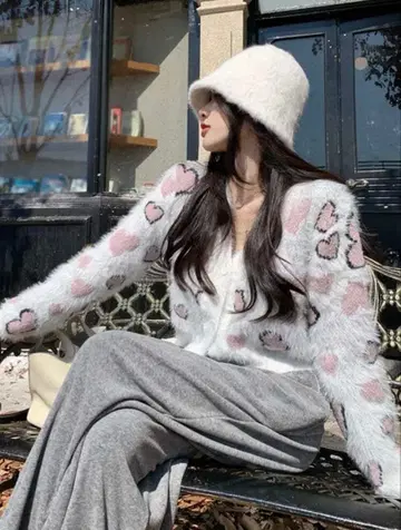 한국 패션 하트 무늬 퍼풍 가디건