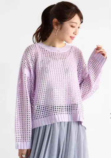 Vin 핑크, 라벤더 컬러 메쉬 편직 긴팔 스웨터