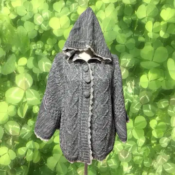 모리걸 페어리 그런지 후드 부착 그레이 레이스 니트 판초