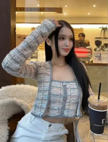 믹스 트위드 니트탑 SAX