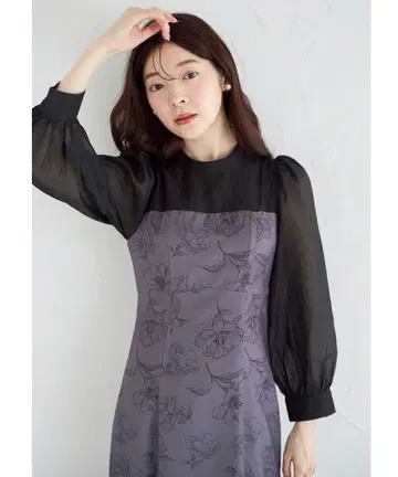 2WAY 보타이 리본 포함 라인 플라워 프린트 절개 머메이드 원피스