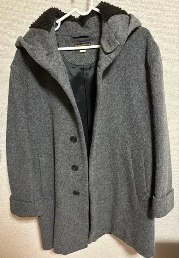 그레이 후드 부착 울 혼방 코트