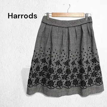 해롯 스커트 플레어 체크 꽃무늬 자수 일본제 울 혼방 깔끔한