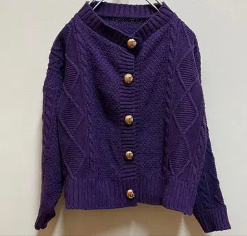 퍼플 케이블 니트 가디건 여성용 골드 버튼 보라색
