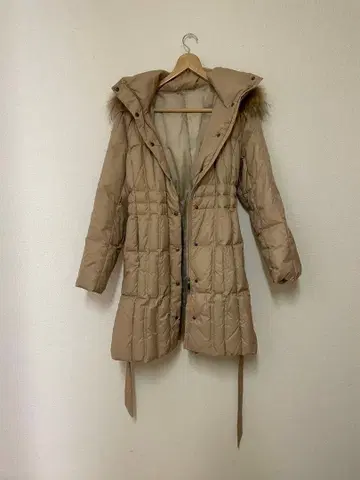 핑크 베이지 후드 부착 롱 다운 자켓 L 사이즈