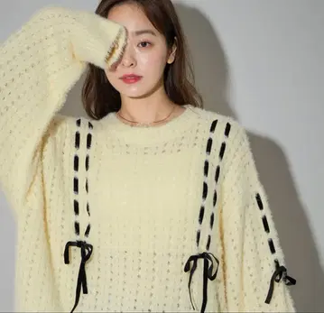 PUBLUX/파브뤽스 벨로아 리본 뜨개질 페더 니트