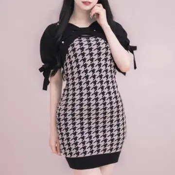 피움 리본 니트 x 하운드투스 체크 니트 원피스