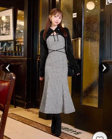 michellMacaron 샤기 볼레로 set 깅엄 체크 롱 원피스