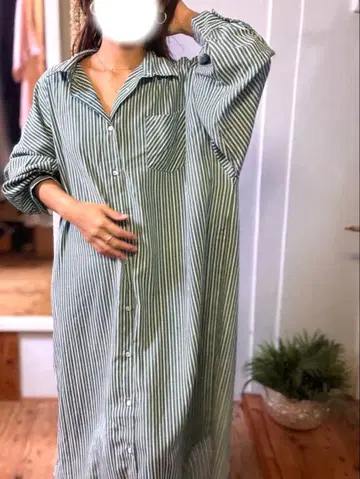그린 스트라이프 셔츠 원피스