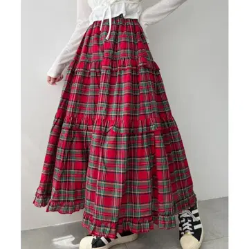 타탄 체크 티어드 롱 스커트 한국 한국 패션