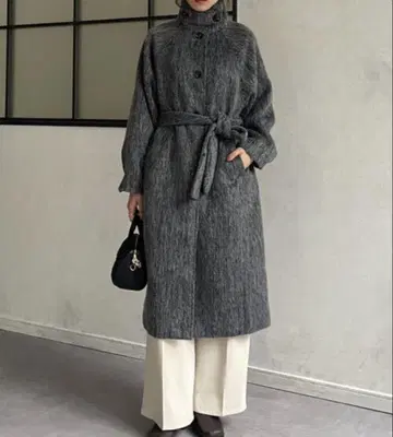 스탠드 칼라 샤기 롱 코트 여성용