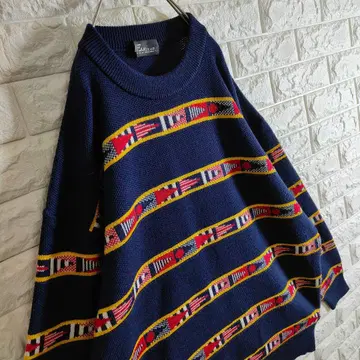 [ 보더 국기풍 ] 니트 스웨터 네이비 L