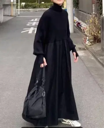 니트 콤비 개더 원피스 블랙