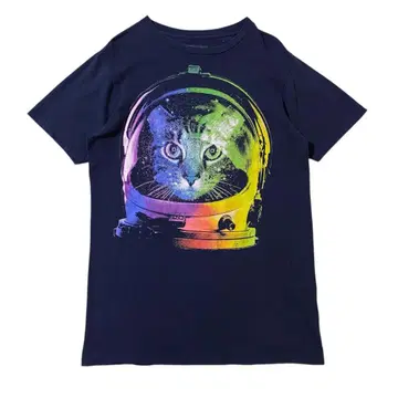 USA 구제 의류 우주 고양이 애니멀 프린트 반팔 T셔츠 I2305