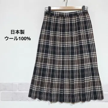 일본제 울 100% 플리츠 스커트 브라운 계열 체크 빈티지 i990