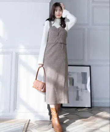 clear 체크 무늬 오버롤 스커트