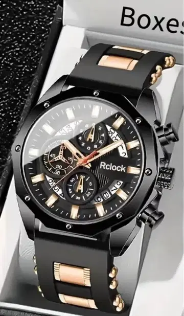 남성용 손목시계 쿼츠 고무 벨트 날짜 달력 BLACK x 골드
