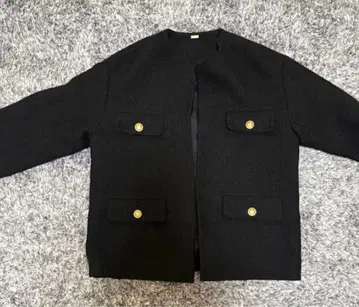 미라 오웬 트위드 노카라 자켓 골드 버튼 블랙