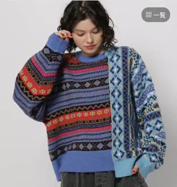 리메이크풍 페어아일 니트 풀오버 블루 L