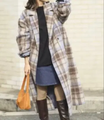 SLOBE 이에나 체크 롱 코트 38 브라운 베이지 스카이블루