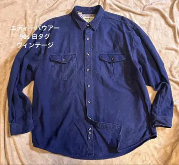 에디 바우어 화이트 택 네이비 코튼 긴팔 셔츠 버튼 포켓