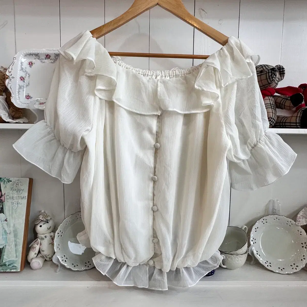 Chiffon Frill Blouse White Puff Short Sleeve