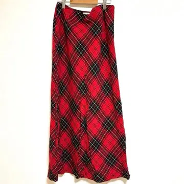 [쿠미쿄쿠] 마 혼방 레드 타탄 체크 무늬 롱 플레어 플리츠 스커트 L