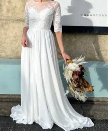 화이트 웨딩 드레스 A라인 레이스 소매