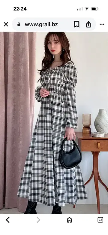 체크 무늬 개더 리본 플레어 롱 원피스